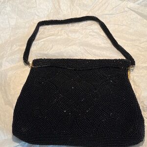 Black Beaded Bag with Patterned Beadwork.